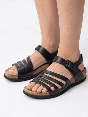 Mephisto Black Leather Strappy Cork Footbed Sandals - Size 39/9